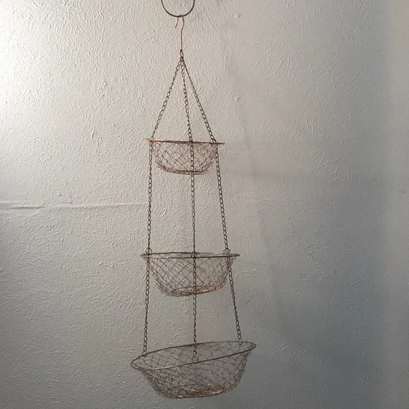 Vintage 3 tier hanging round metal copper color fruit vegetable hanger not hung - Picture 2 of 12